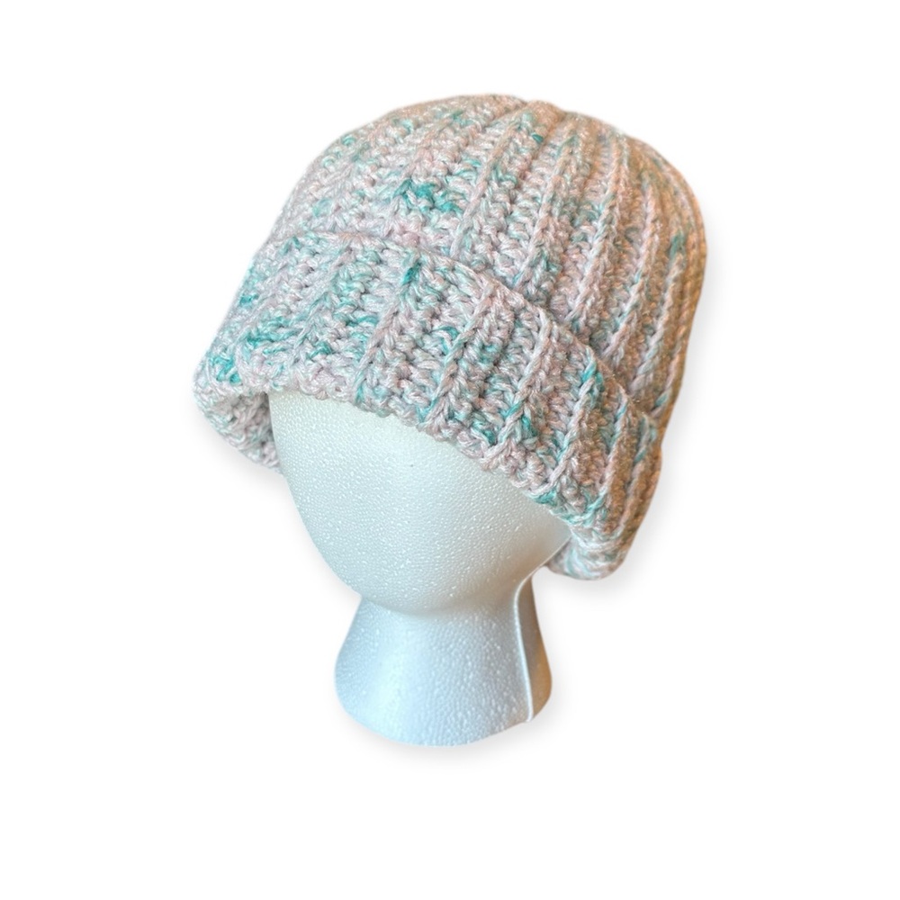 New Handmade Crochet Beanie Fold over Hat Winter Cotton candy Pink Blue speckle